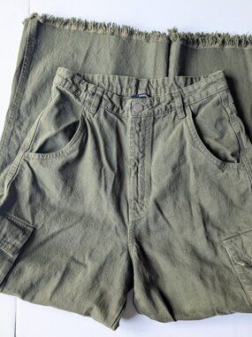 Nuon Womens Olive Green 100% Cotton Wide Leg Raw Hem Cargo Pants Size:26